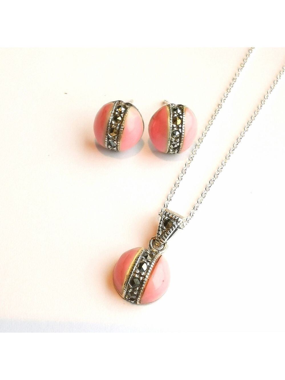 NWT Sterling Silver Pink enamel Swiss Marcasite necklace earring set